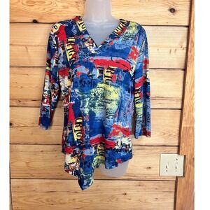 Mandy Evans Graffiti Print Handkerchief Hem Top V-Neck 3/4 Sleeve colourful Art